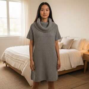 Stambecco Sweater Dress Womens Medium Gray Cowl Neck Knit Short Sleeve Ribbed